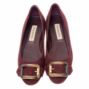Burberry Burgundy Suede Keswick Buckle Flats